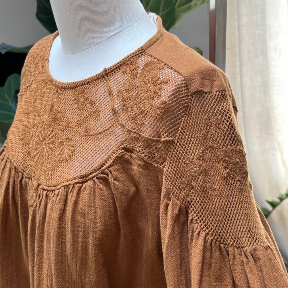 Brown Embroidered Lace Yoke Peasant Blouse Cotton Boho Folk Anthropology women L - Picture 6 of 16